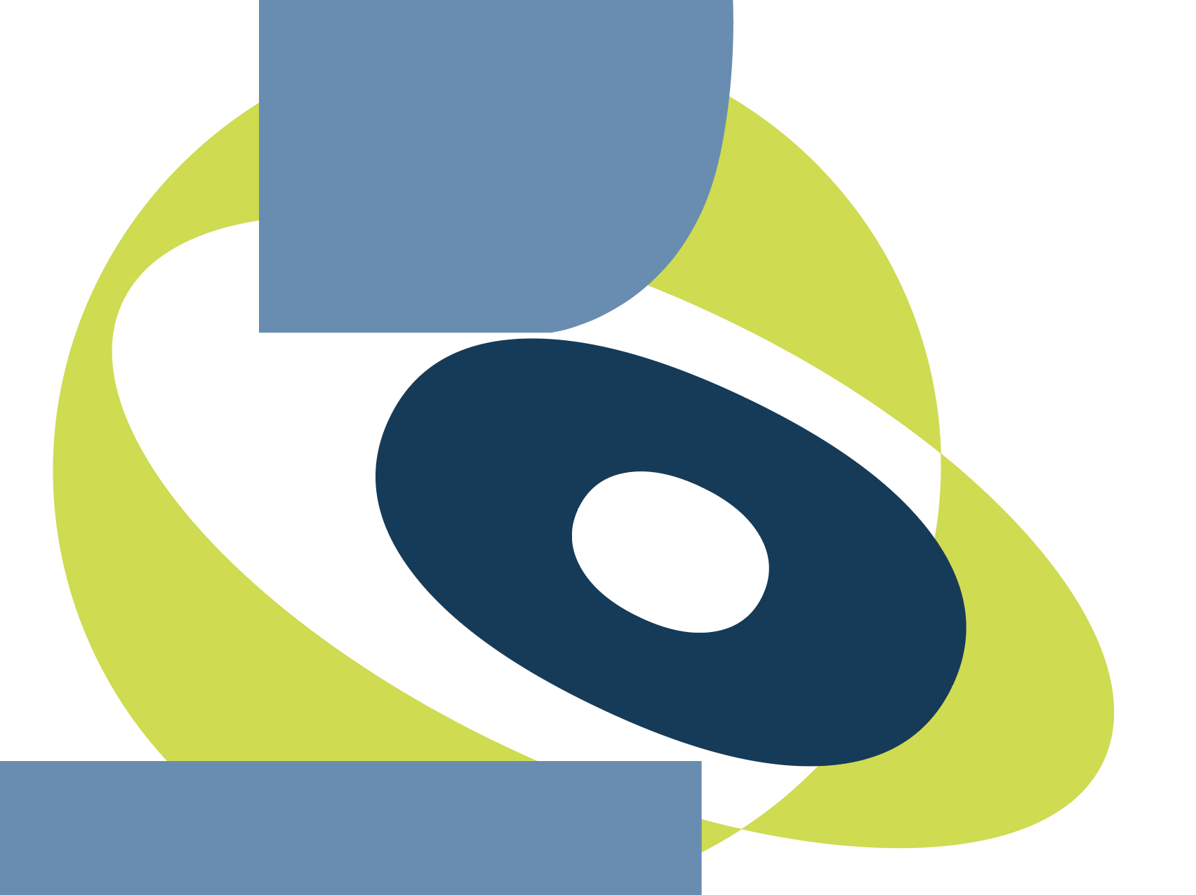 Abstract design with overlapping shapes in blue, white, navy, and lime green, forming an eye-like pattern.